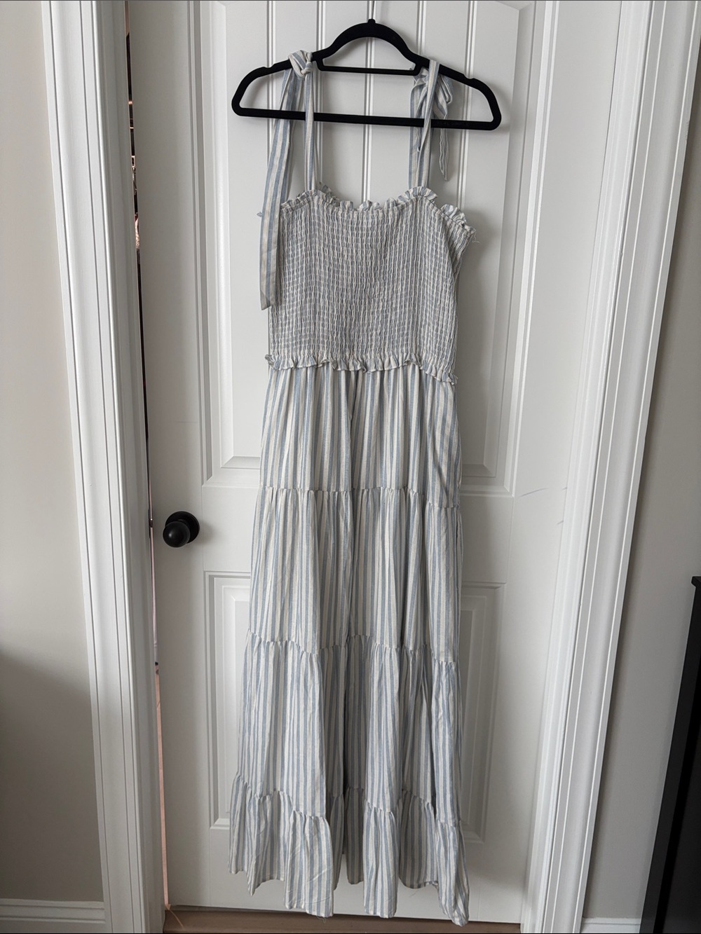Blue and White Striped Tie-Shoulder Maxi Dress